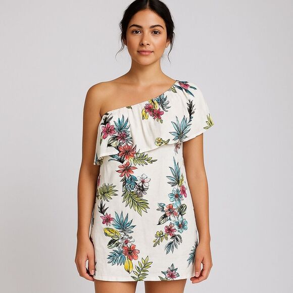 Staccato White Floral One-Shoulder Mini Dress Tropical Hawaiian Double Layer M - Picture 1 of 12